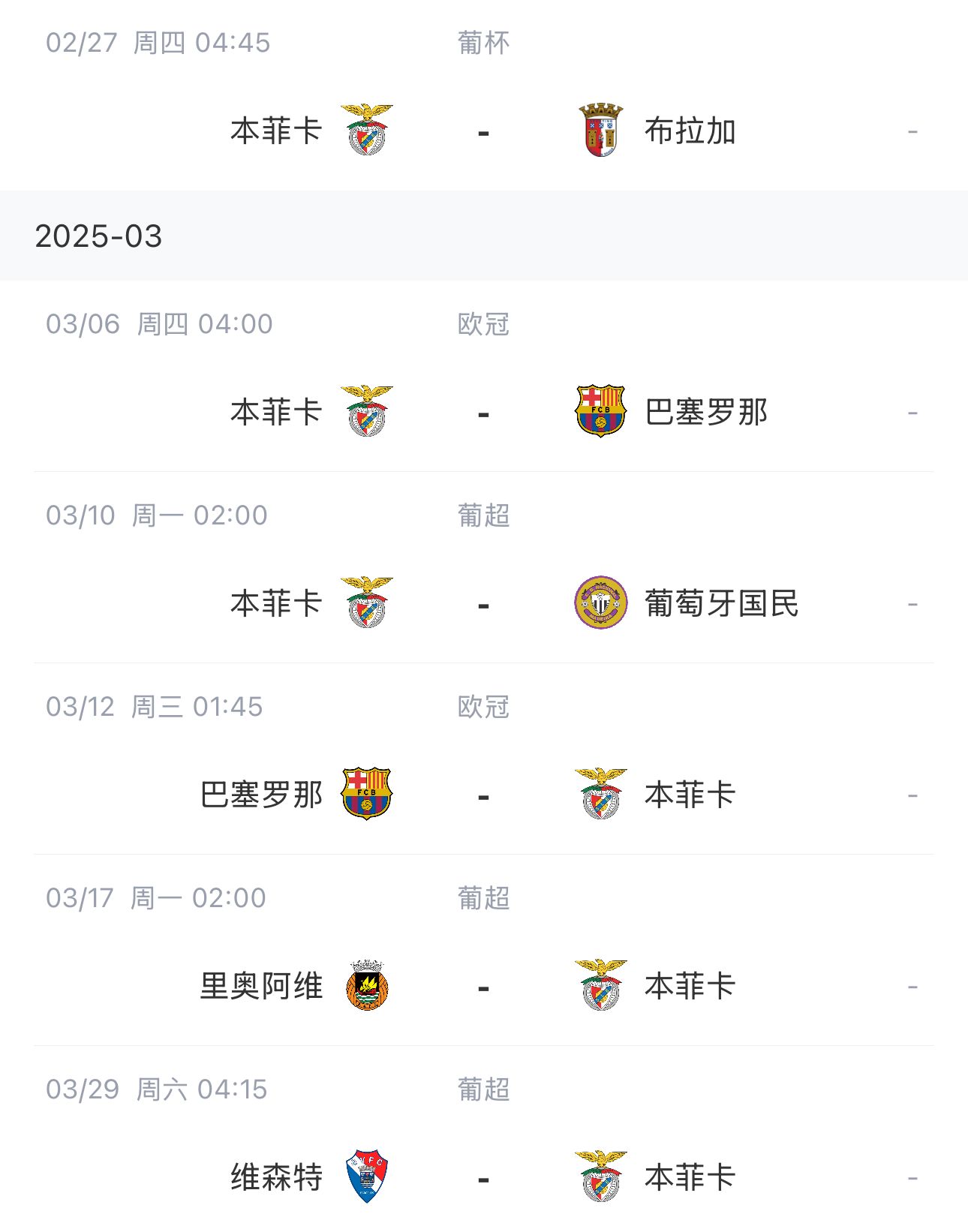  讓路歐冠！本菲卡戰(zhàn)巴薩首回合比賽前的葡超比賽推遲進行