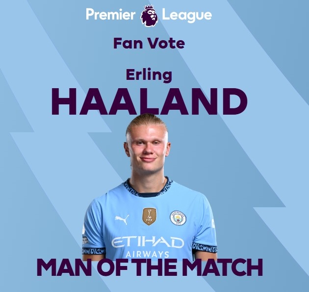  打進(jìn)致勝球！英超官方：哈蘭德當(dāng)選曼城1-0熱刺全場最佳球員