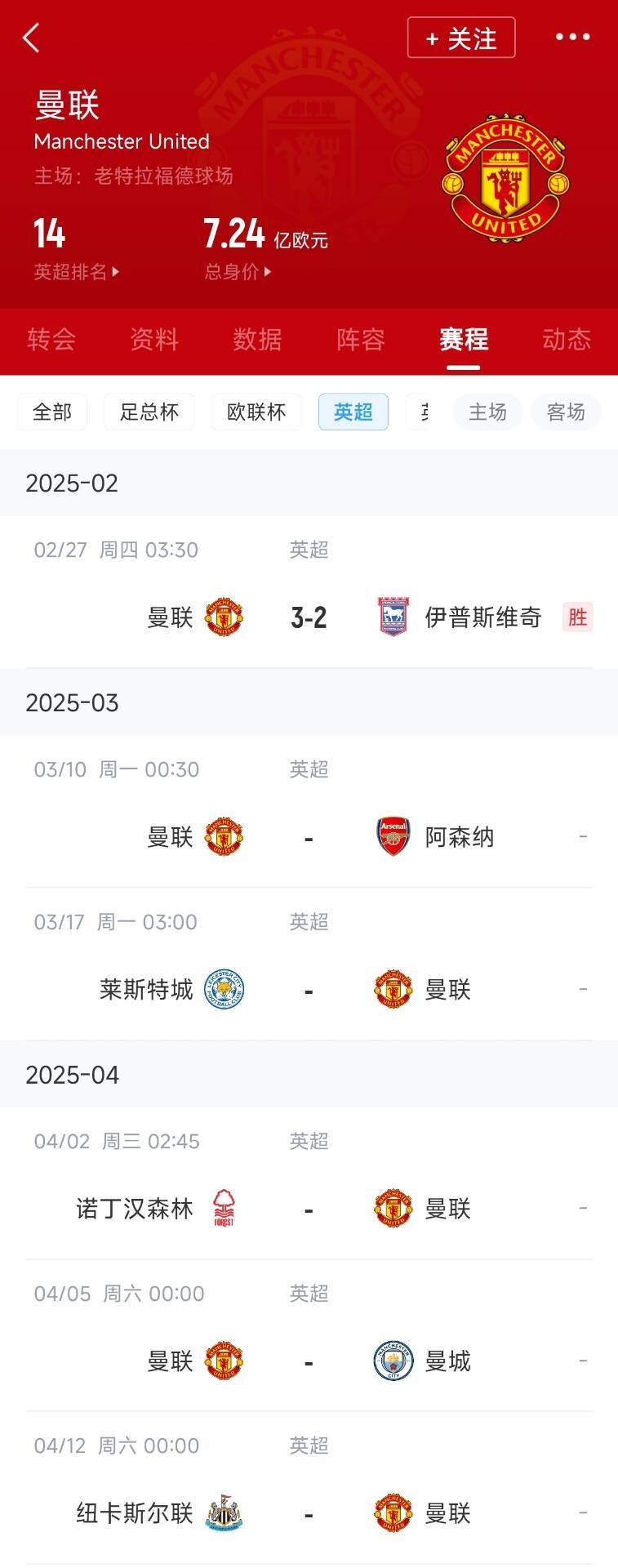  藍狐救一下？曼聯(lián)未來5輪將遭遇英超2/3/4/6名：槍手森林曼城紐卡
