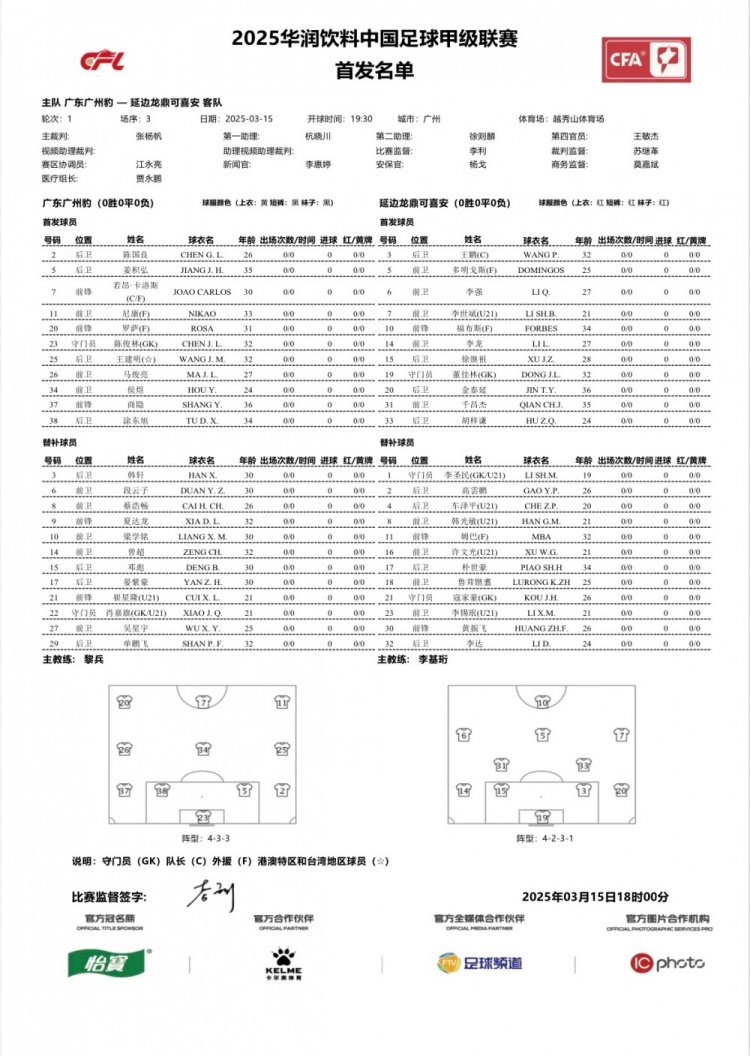  廣州豹vs延邊龍鼎首發(fā)：卡洛斯、羅薩、尼康三外援領(lǐng)銜廣州豹